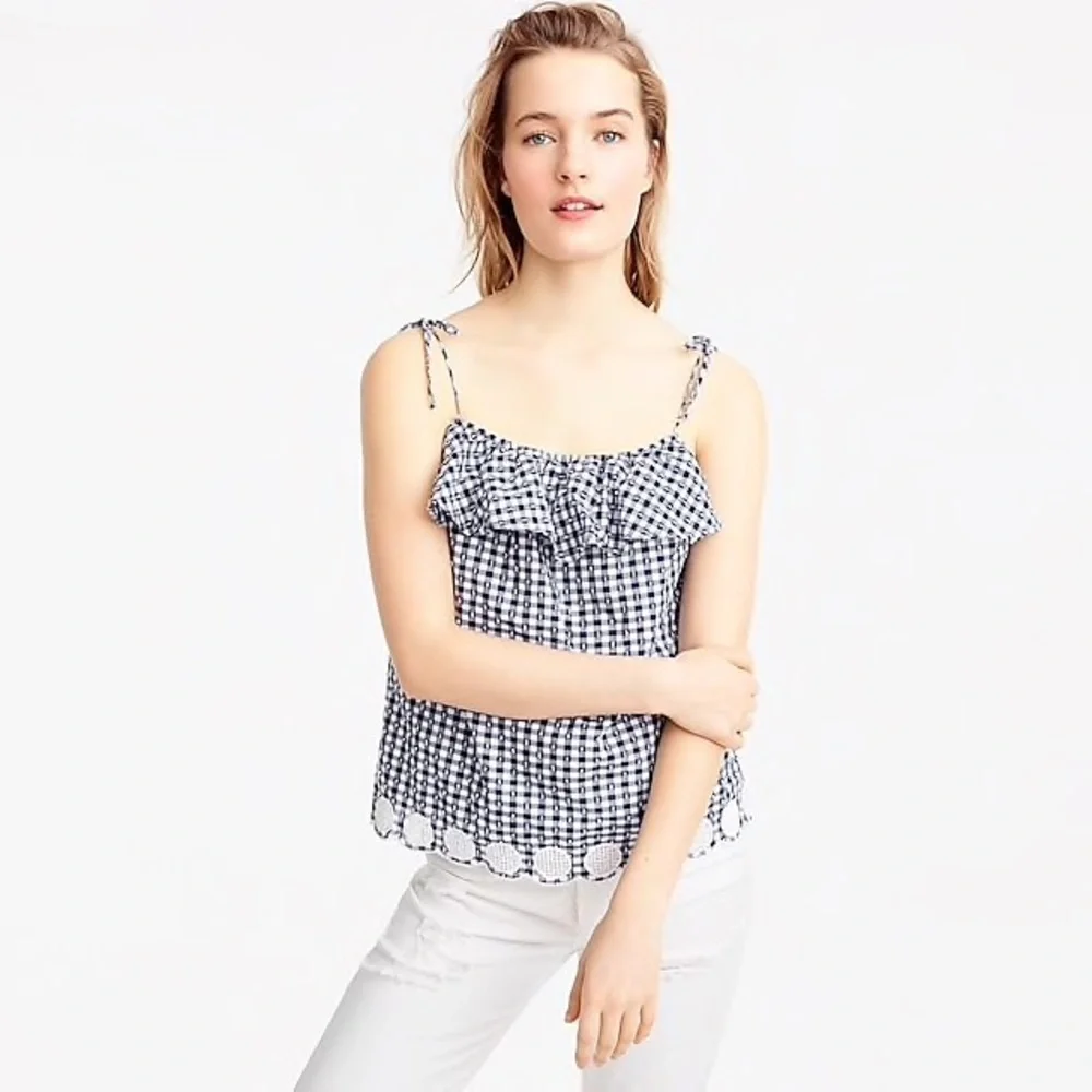 J. Crew Gingham Blue Ruffle Tie Shoulder Eyelet top